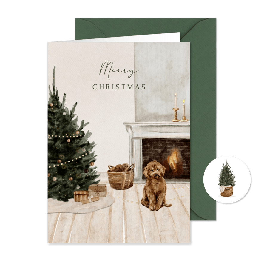 Kerstkaart labradoodle kerstboom haard cadeautjes - Kaartimpressie