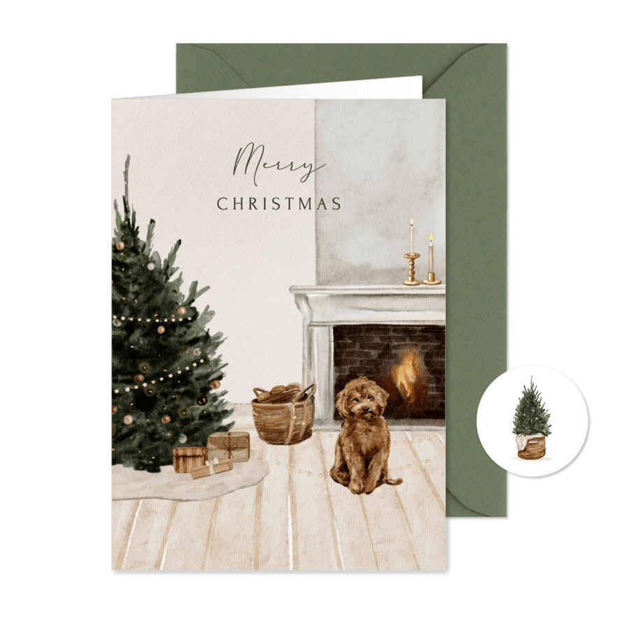 Kerstkaart labradoodle kerstboom haard cadeautjes - Kaartimpressie