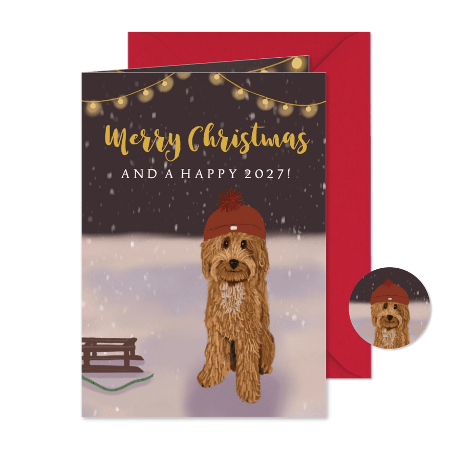 Kerstkaart labradoodle met slee - Kaartimpressie