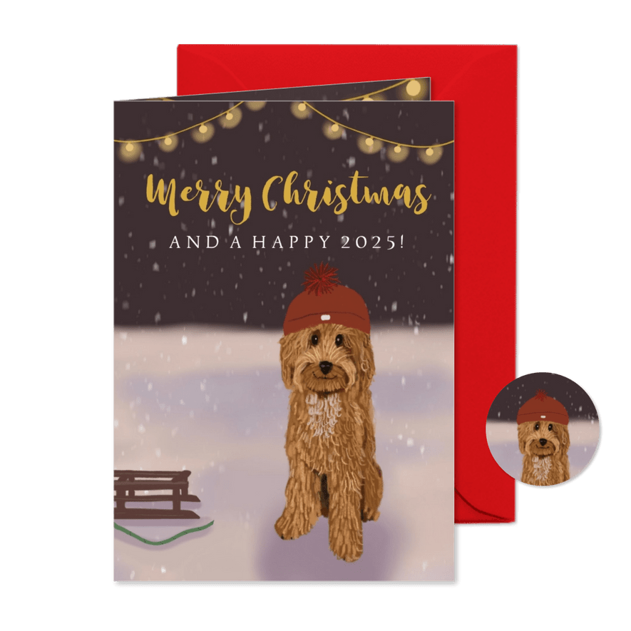 Kerstkaart labradoodle met slee  - Kaartimpressie