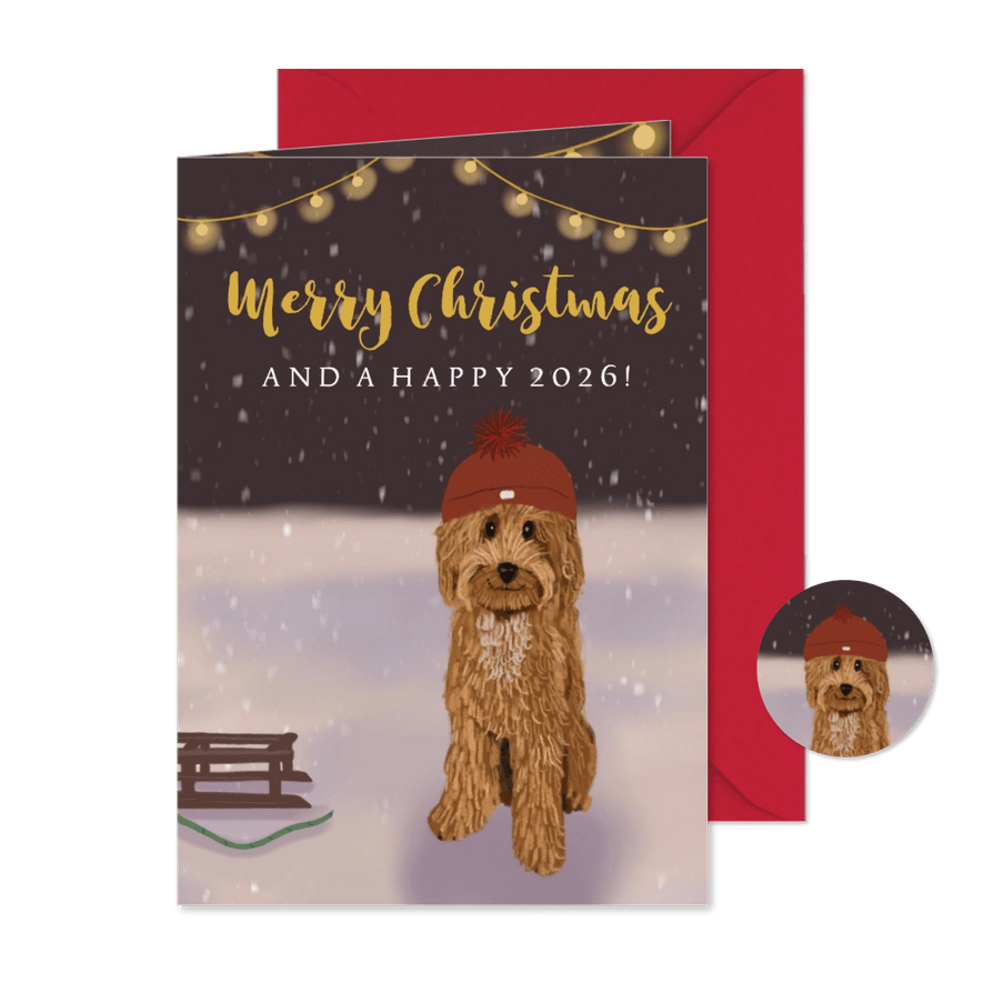 Kerstkaart labradoodle met slee - Kaartimpressie