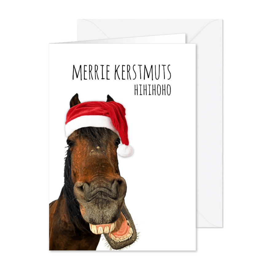 Kerstkaart lachend paard met kerstmuts - Kaartimpressie