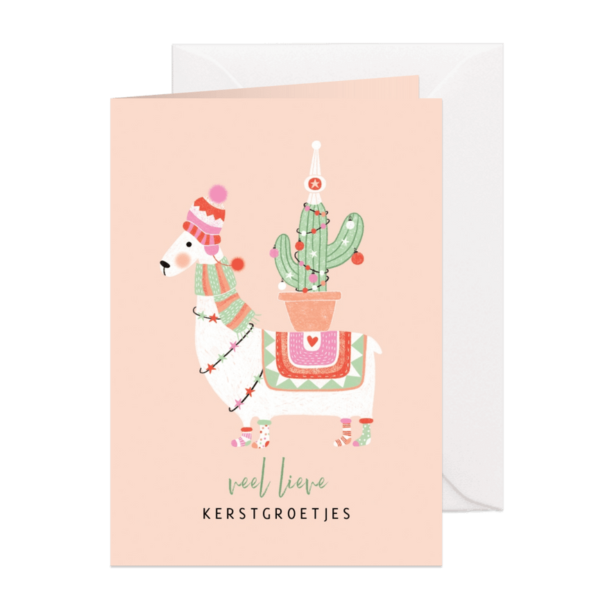 Kerstkaart lama met cactus - Kaartimpressie