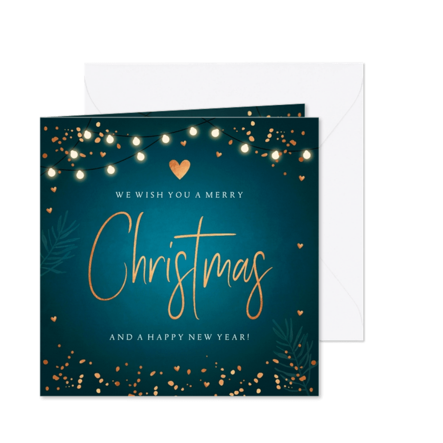 Kerstkaart lampjes confetti typografie zeegroen - Kaartimpressie