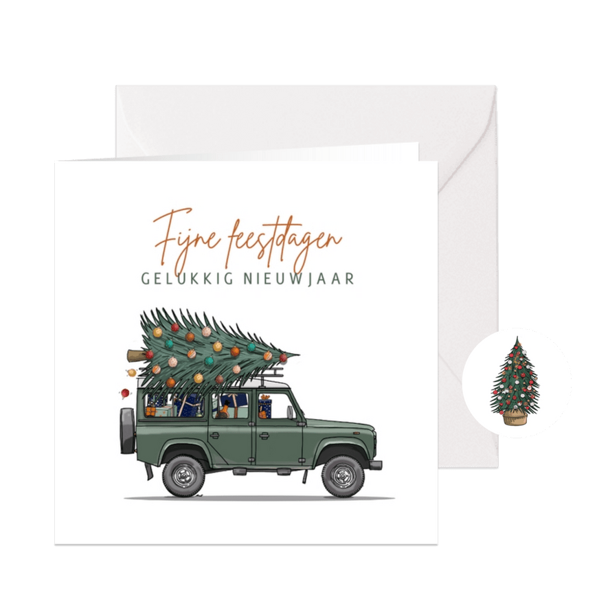 Kerstkaart landrover met kerstboom - Kaartimpressie