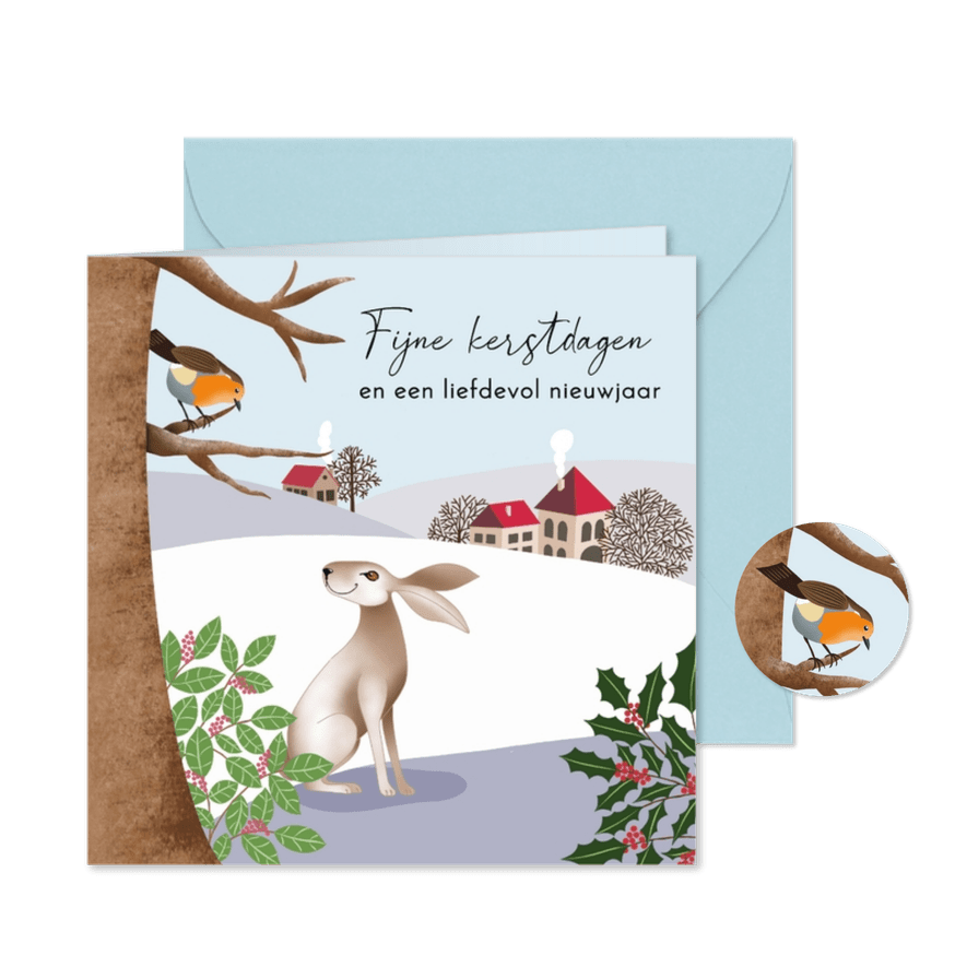 Kerstkaart - Landschap met haas en roodborstje - Kaartimpressie