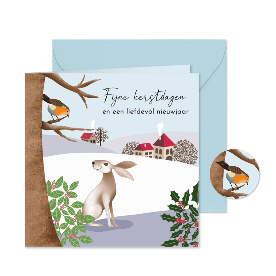 Kerstkaart - Landschap met haas en roodborstje - Kaartimpressie