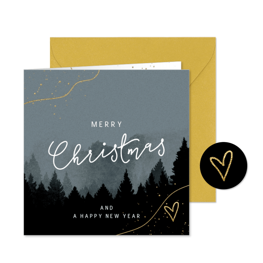 Kerstkaart landschap waterverf kerstboom hartje - Kaartimpressie