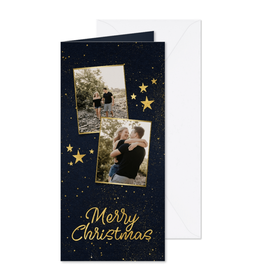 Kerstkaart langwerpig 2 foto's sterren gouden figuren - Kaartimpressie