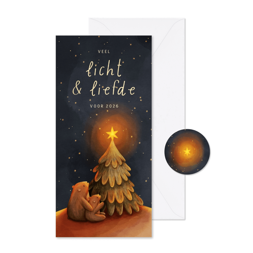 Kerstkaart langwerpig beertjes bij kerstboom met ster - Kaartimpressie