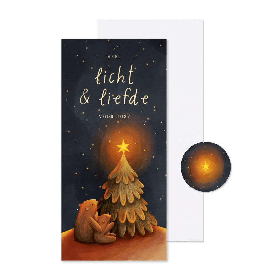 Kerstkaart langwerpig beertjes bij kerstboom met ster - Kaartimpressie