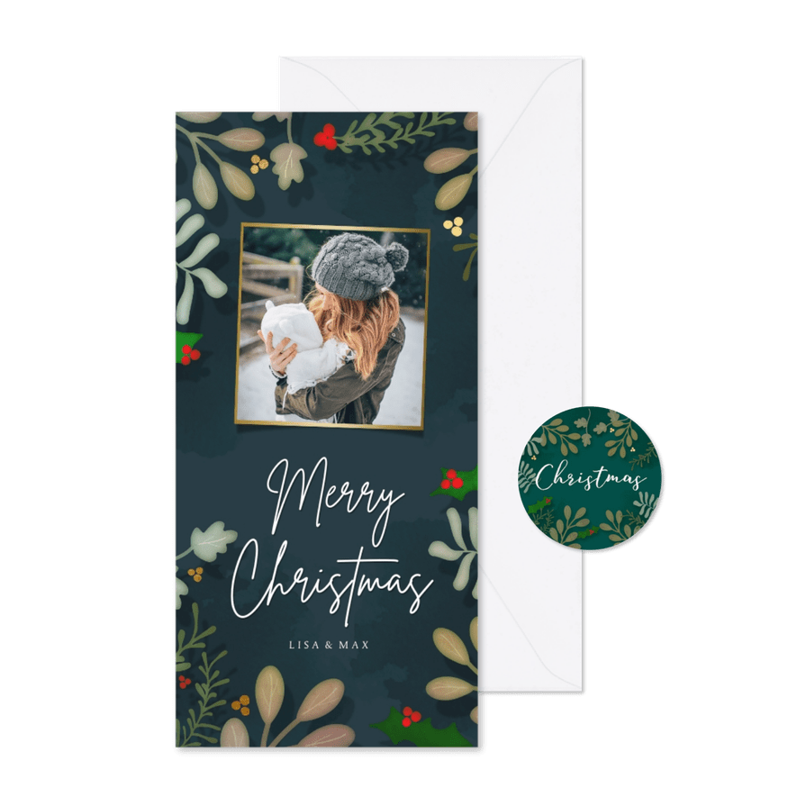 Kerstkaart langwerpig Botanische kerst - een gouden kerst - Kaartimpressie