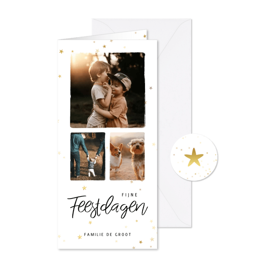 Kerstkaart langwerpig collage met gouden sterren - Kaartimpressie