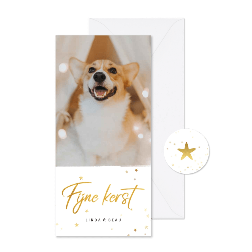 Kerstkaart langwerpig fijne kerst gouden sterren - Kaartimpressie