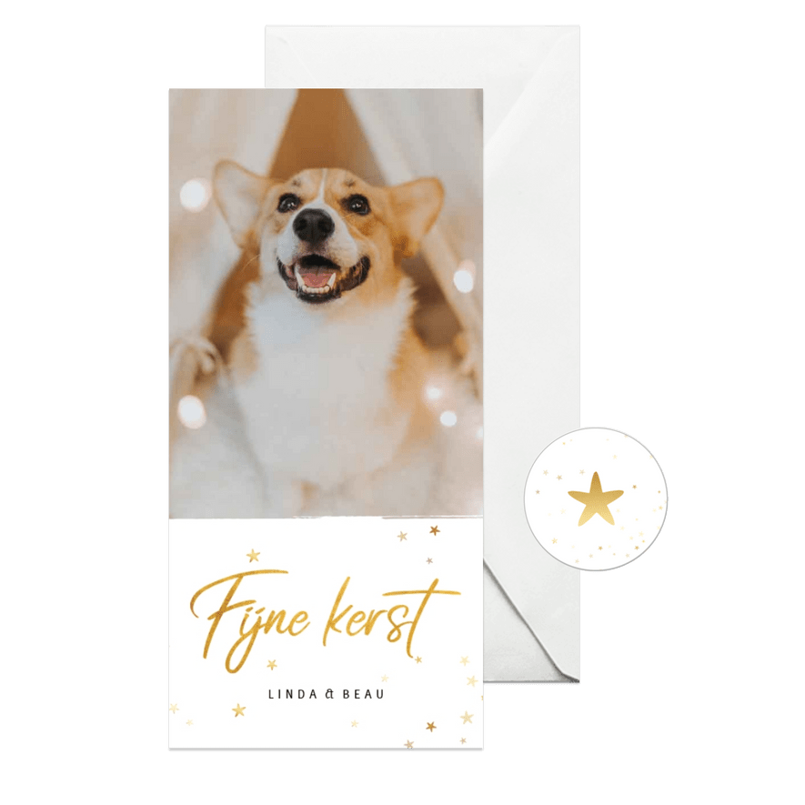 Kerstkaart langwerpig fijne kerst gouden sterren - Kaartimpressie