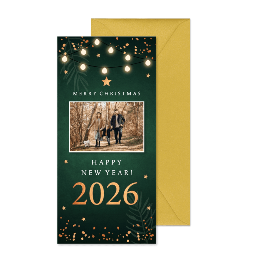 Kerstkaart langwerpig groen foto lampjes sterren koperlook - Kaartimpressie