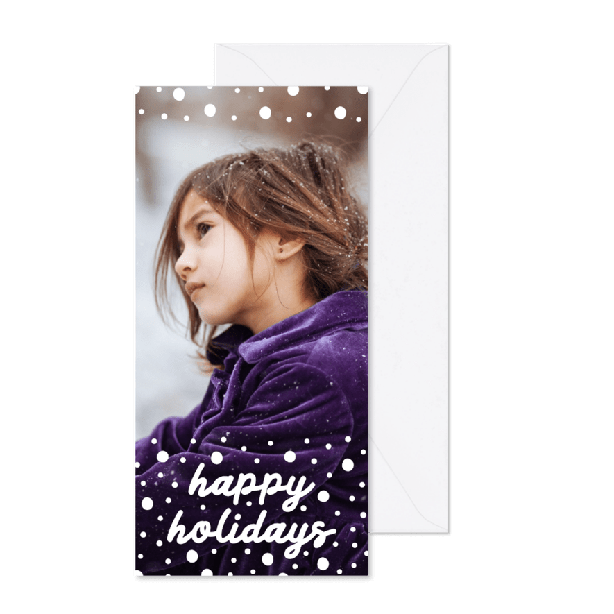 Kerstkaart langwerpig happy holidays met confetti sneeuw - Kaartimpressie