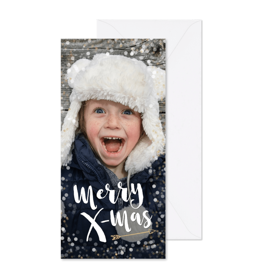 Kerstkaart langwerpig hip vrolijk goud met witte confetti - Kaartimpressie