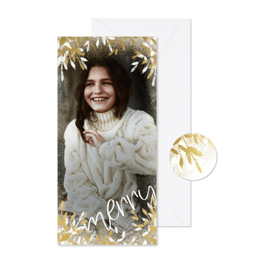 Kerstkaart langwerpig merry met gouden en witte takken - Kaartimpressie