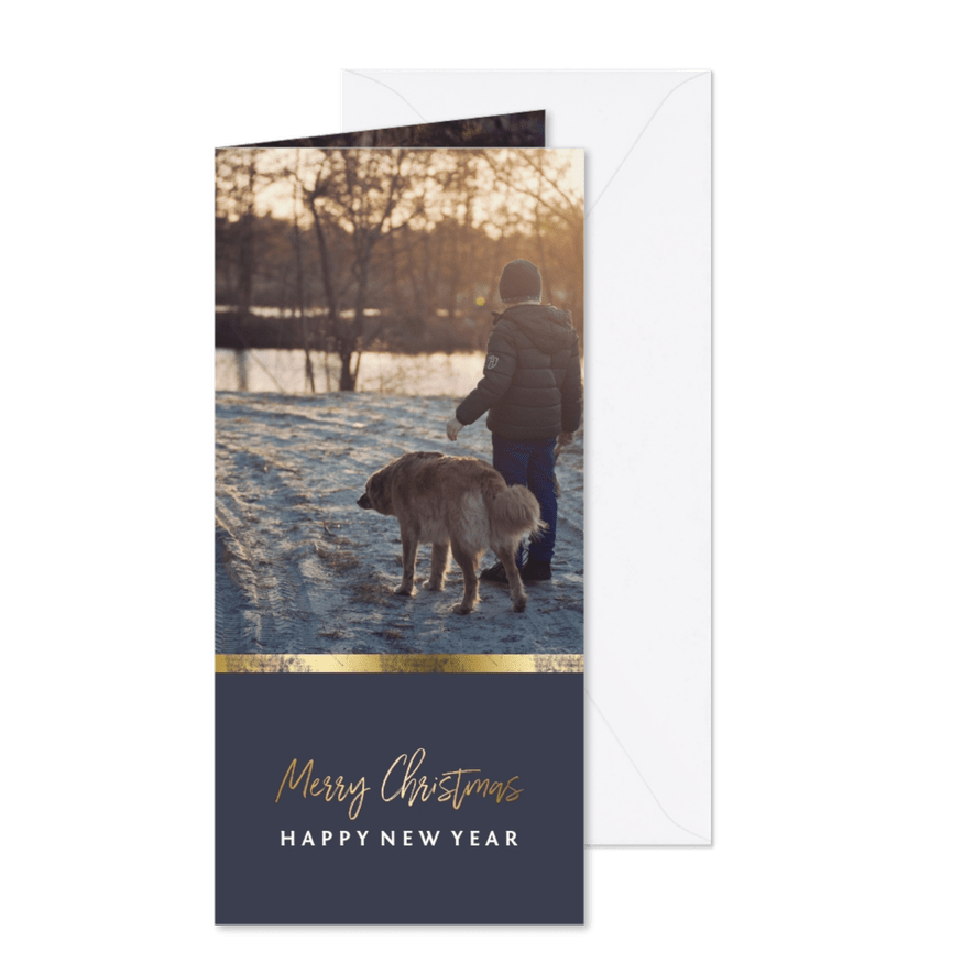 Kerstkaart langwerpig met foto en gouden accent - Kaartimpressie