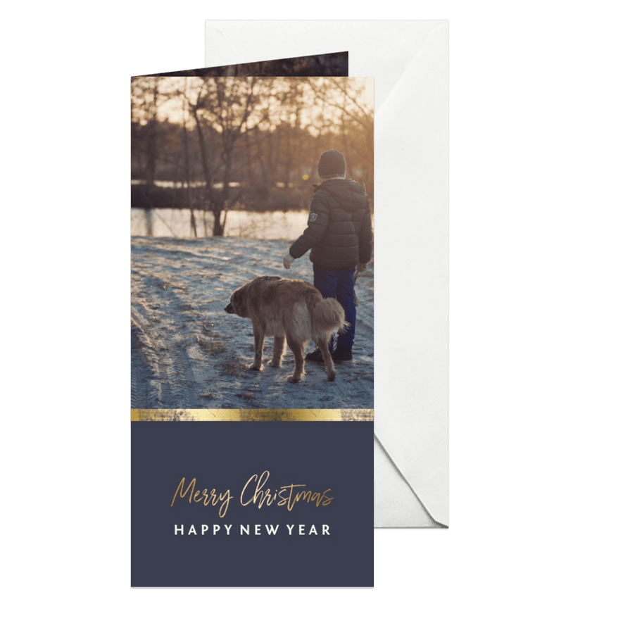 Kerstkaart langwerpig met foto en gouden accent - Kaartimpressie