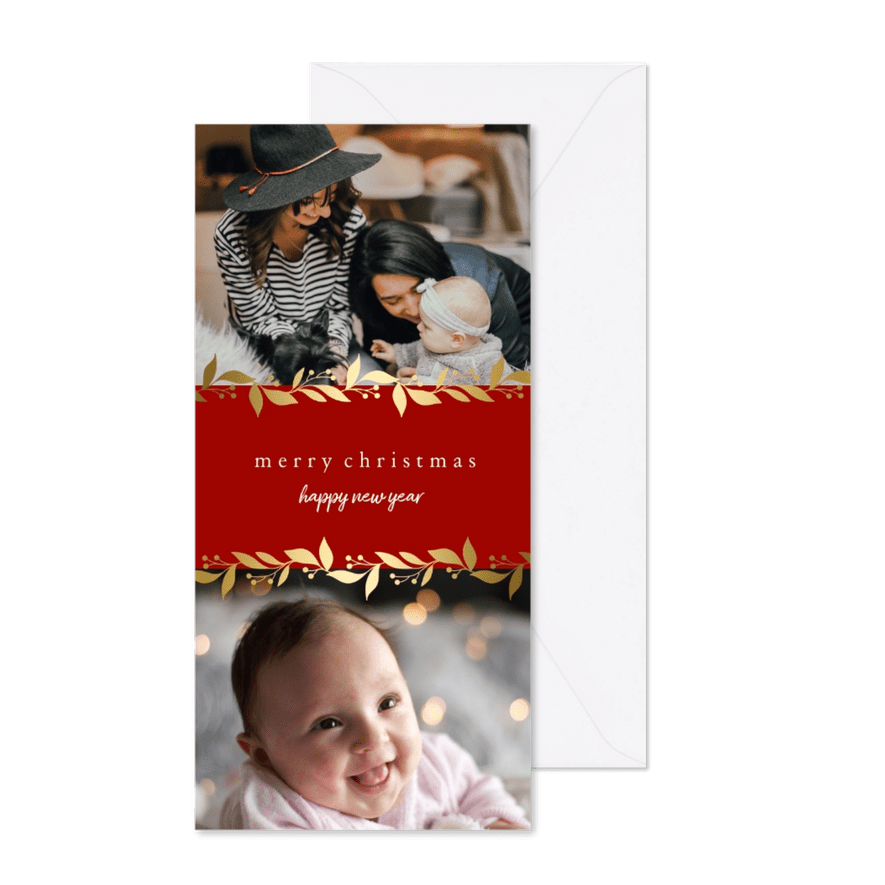 Kerstkaart langwerpig met gouden bloemenkader en foto's - Kaartimpressie