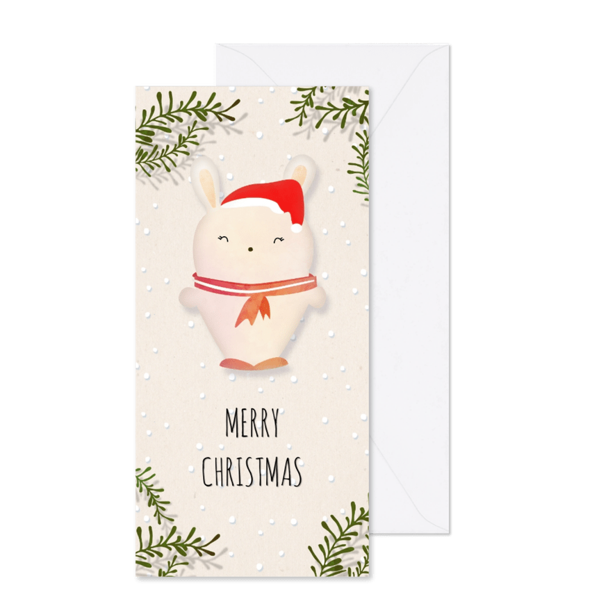 Kerstkaart langwerpig met wit konijntje - Kaartimpressie