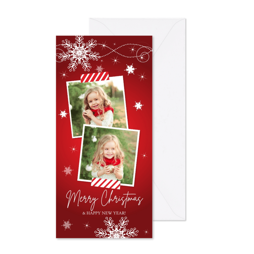 Kerstkaart langwerpig rood foto sneeuwvlokken - Kaartimpressie
