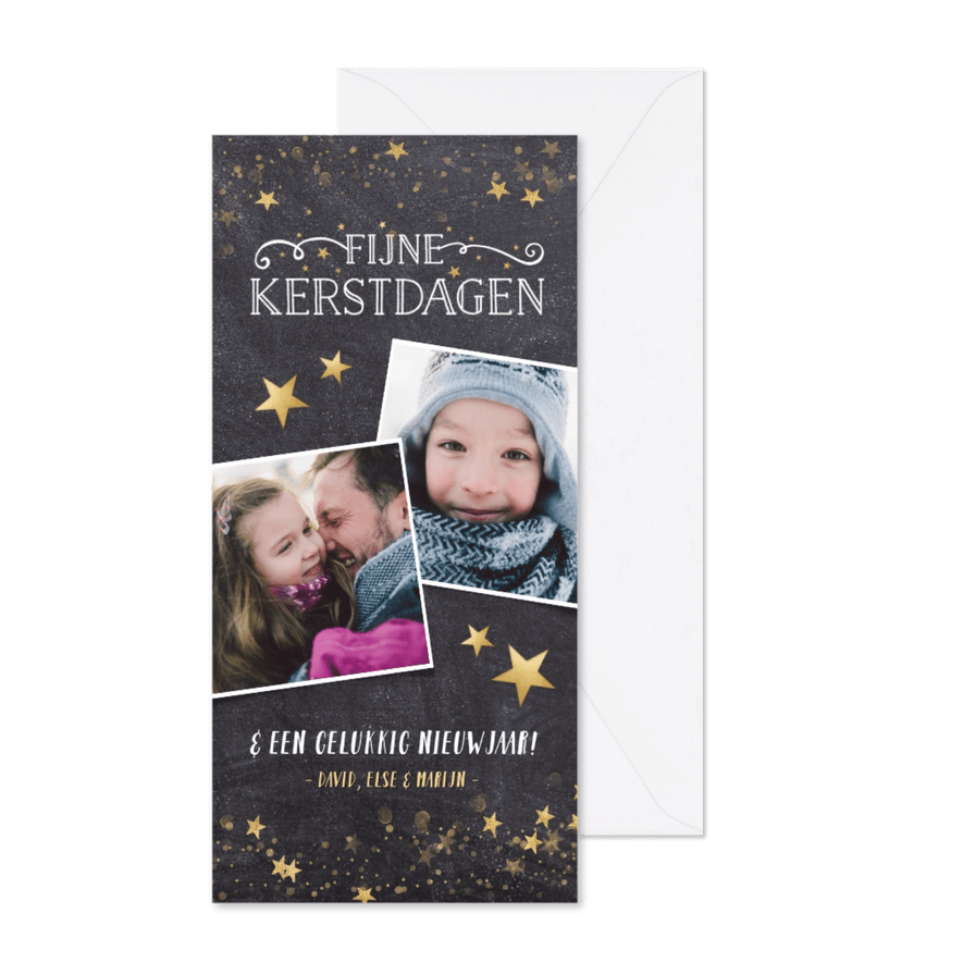 Kerstkaart langwerpig stijlvol krijtbord met gouden sterren - Kaartimpressie