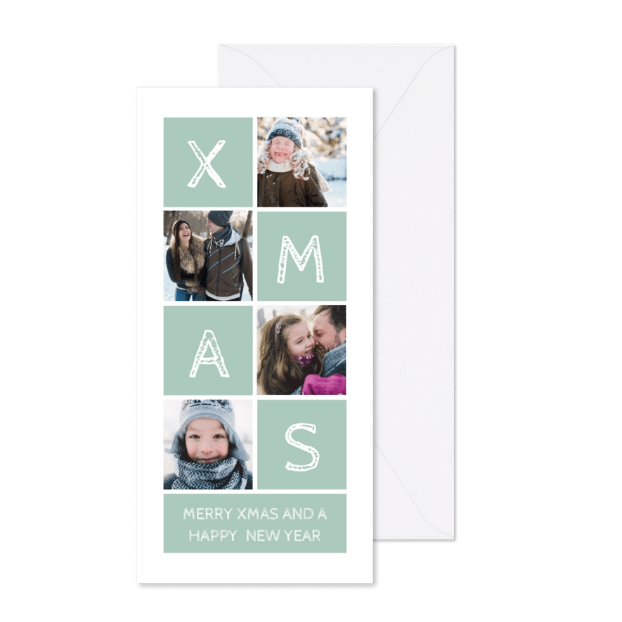 Kerstkaart langwerpig XMAS met vakjes en foto's - Kaartimpressie
