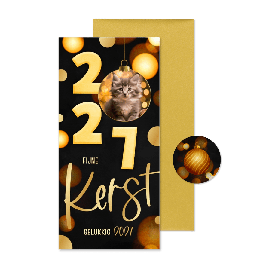 Kerstkaart langwerpig zwart 2027 kerstbal goud - Kaartimpressie