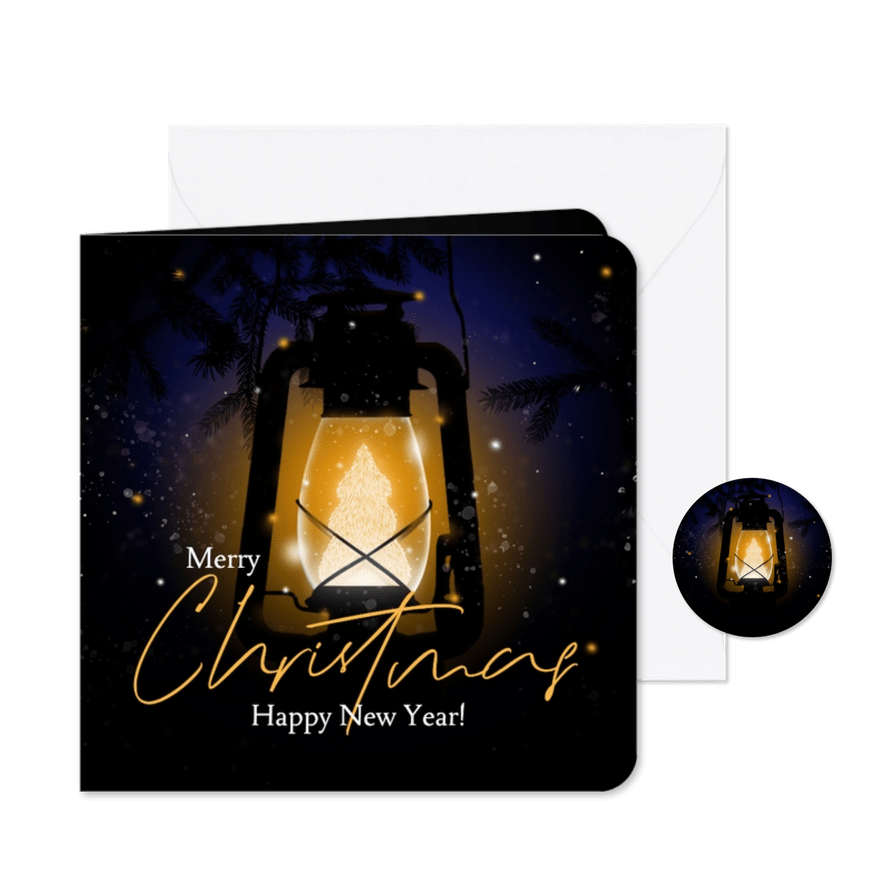 Kerstkaart lantaarn kerstboom licht - Kaartimpressie