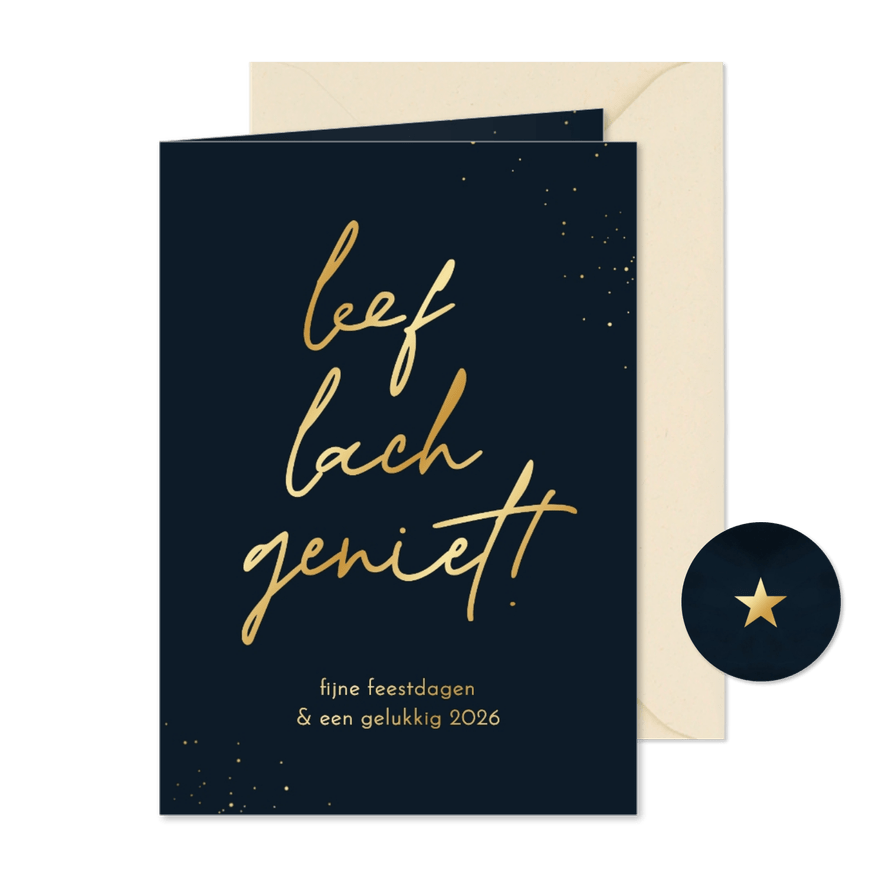 Kerstkaart leef lach geniet donkerblauw goud quote - Kaartimpressie