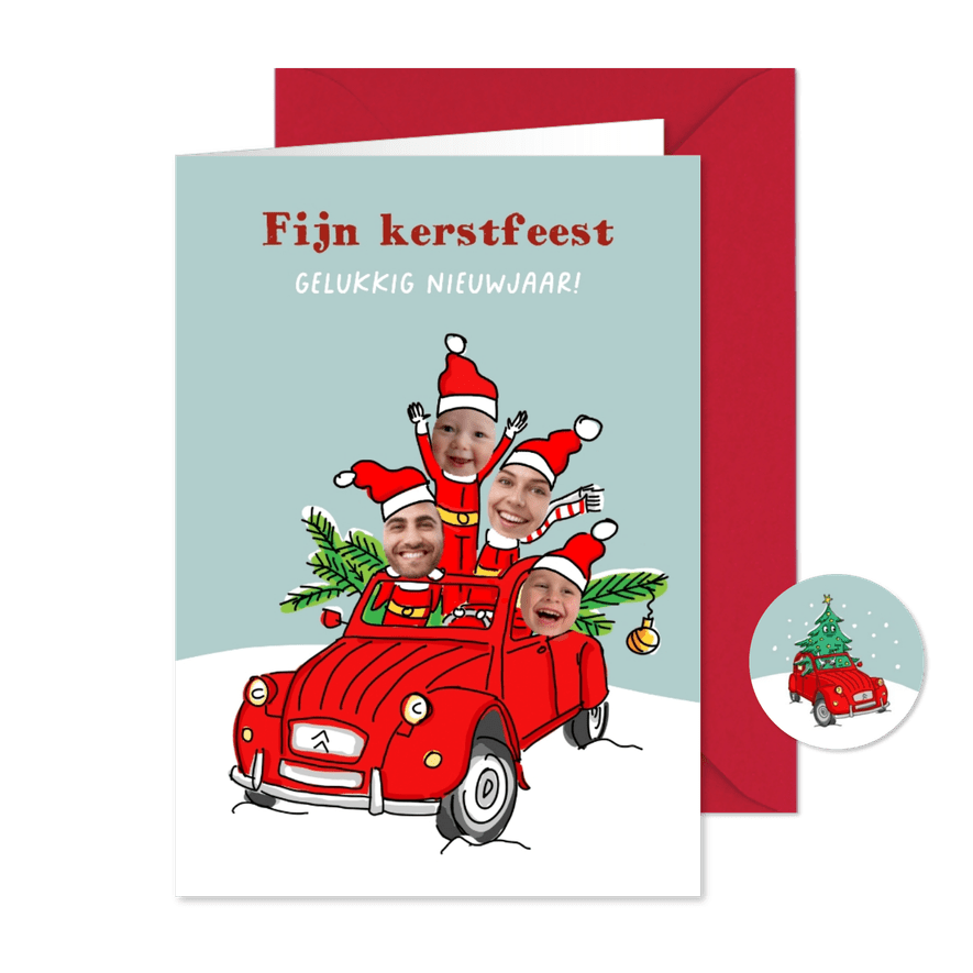 Kerstkaart lelijke eend met 4 foto's met kerstmutsen - Kaartimpressie