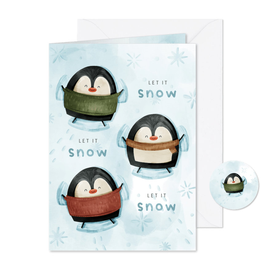 Kerstkaart let it snow pinguïns in sneeuw - Kaartimpressie