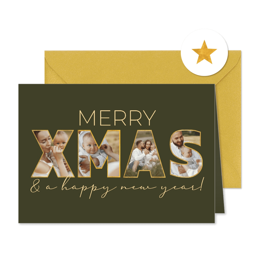 Kerstkaart letters XMAS gouden randje met eigen foto's erin - Kaartimpressie