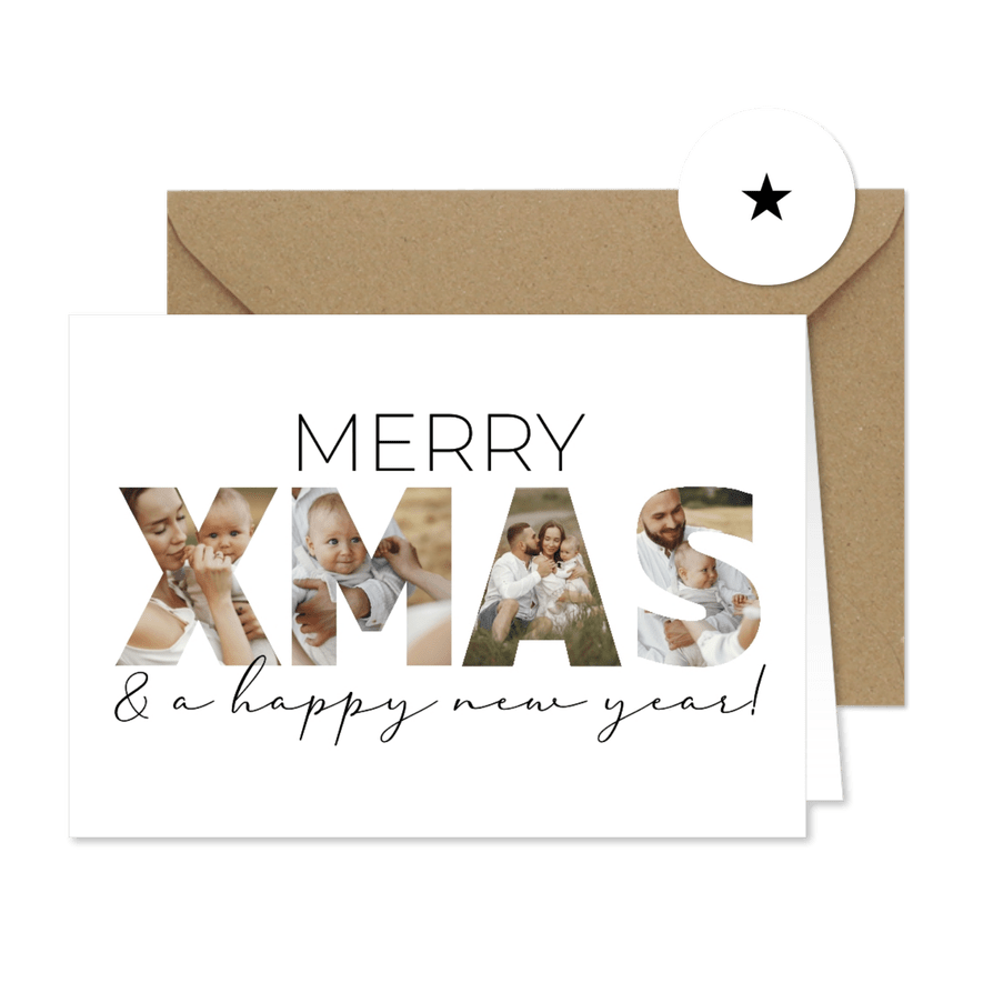 Kerstkaart letters XMAS met eigen foto's erin - Kaartimpressie