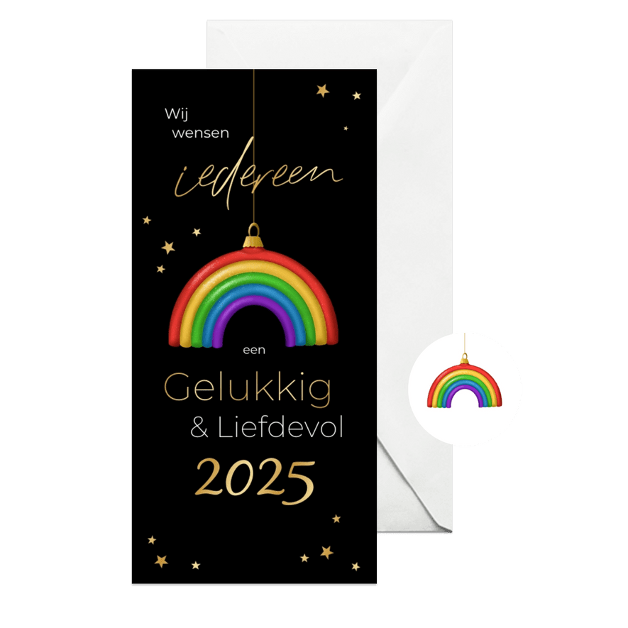 Kerstkaart LGBTQ regenboog kerstbal fijne feestdagen - Kaartimpressie