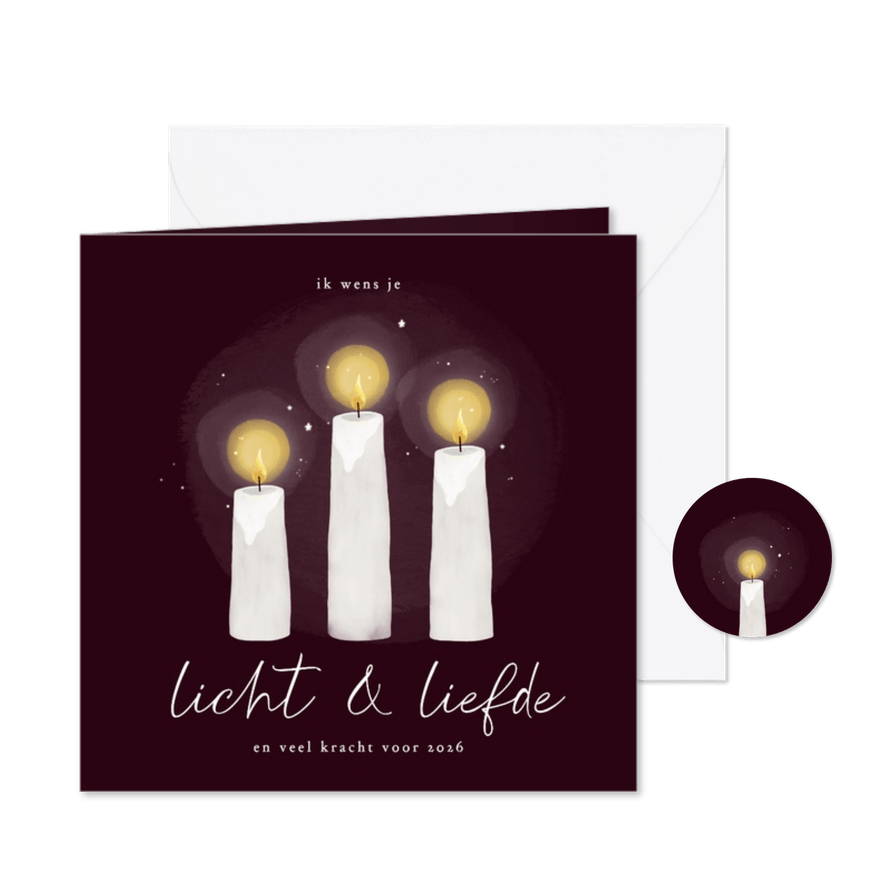 Kerstkaart licht en liefde kaarsjes bordeaux - Kaartimpressie