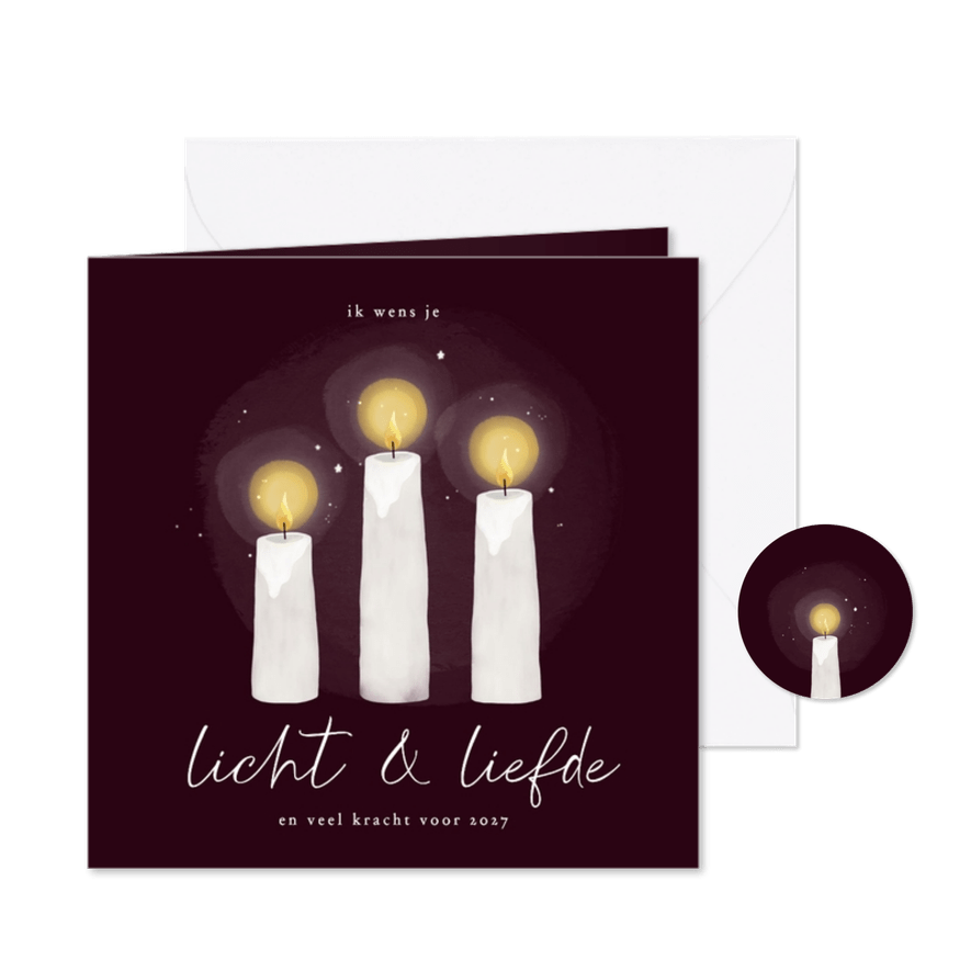 Kerstkaart licht en liefde kaarsjes bordeaux - Kaartimpressie