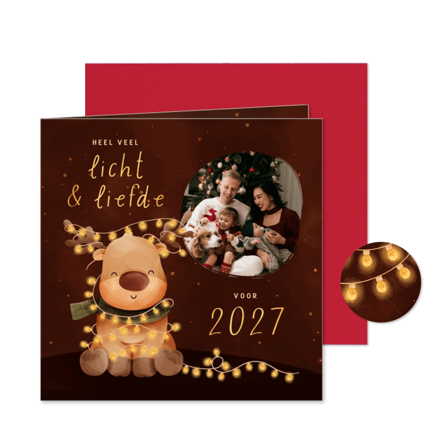 Kerstkaart licht & liefde rendier met lampjes en foto - Kaartimpressie