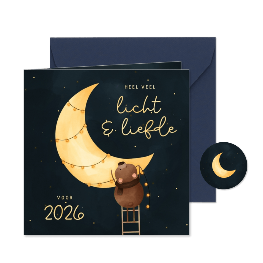 Kerstkaart licht & liefde voor 2026 maan met beertje - Kaartimpressie