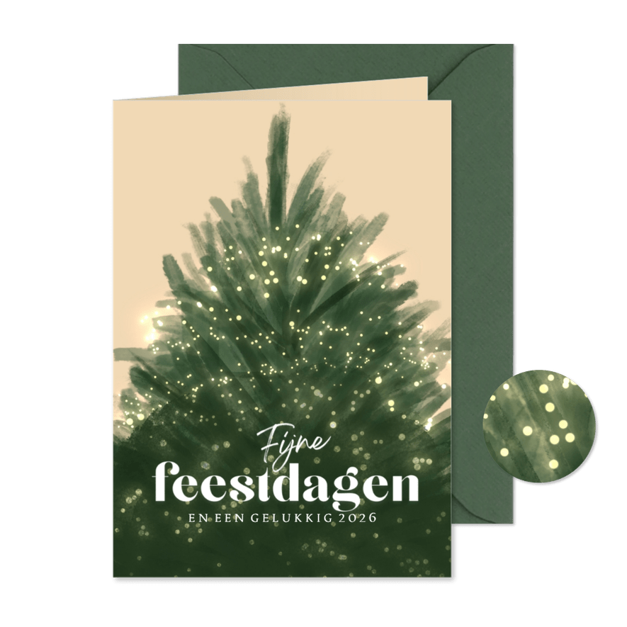 Kerstkaart licht met kerstboom vol met lampjes - Kaartimpressie