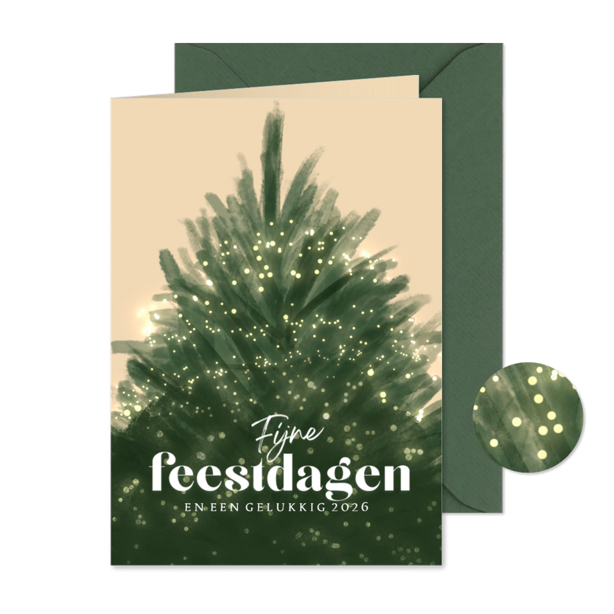 Kerstkaart licht met kerstboom vol met lampjes - Kaartimpressie