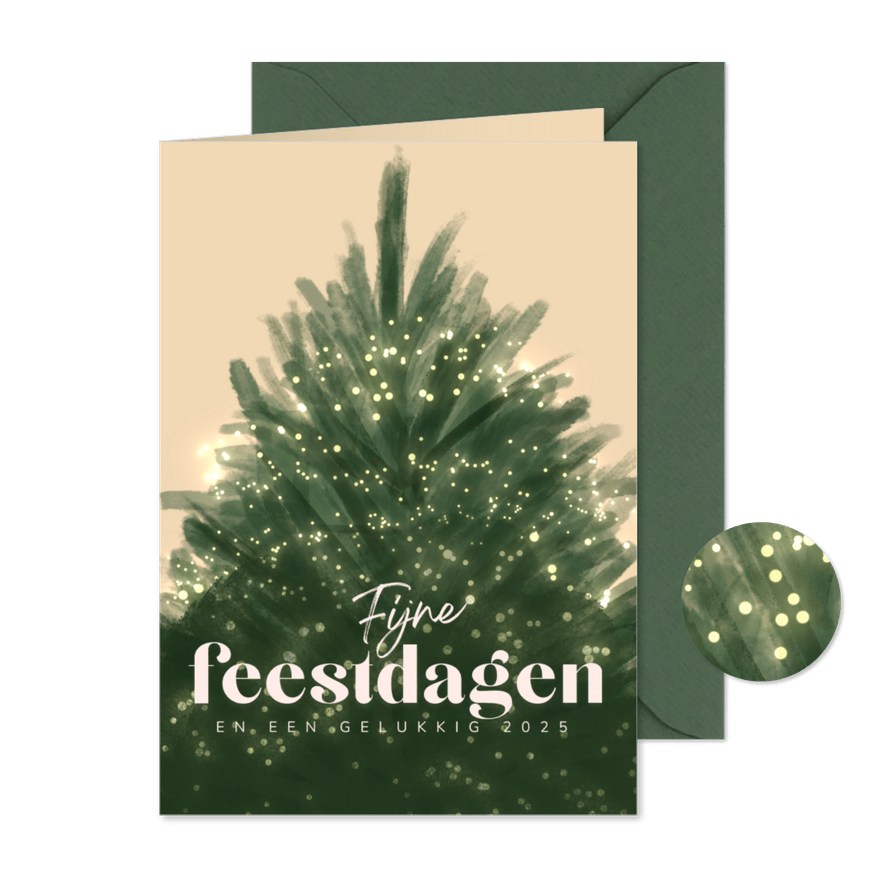 Kerstkaart licht met kerstboom vol met lampjes - Kaartimpressie