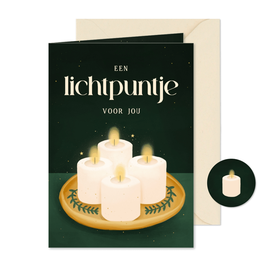Kerstkaart lichtpuntje voor jou brandende kaarsjes groen - Kaartimpressie