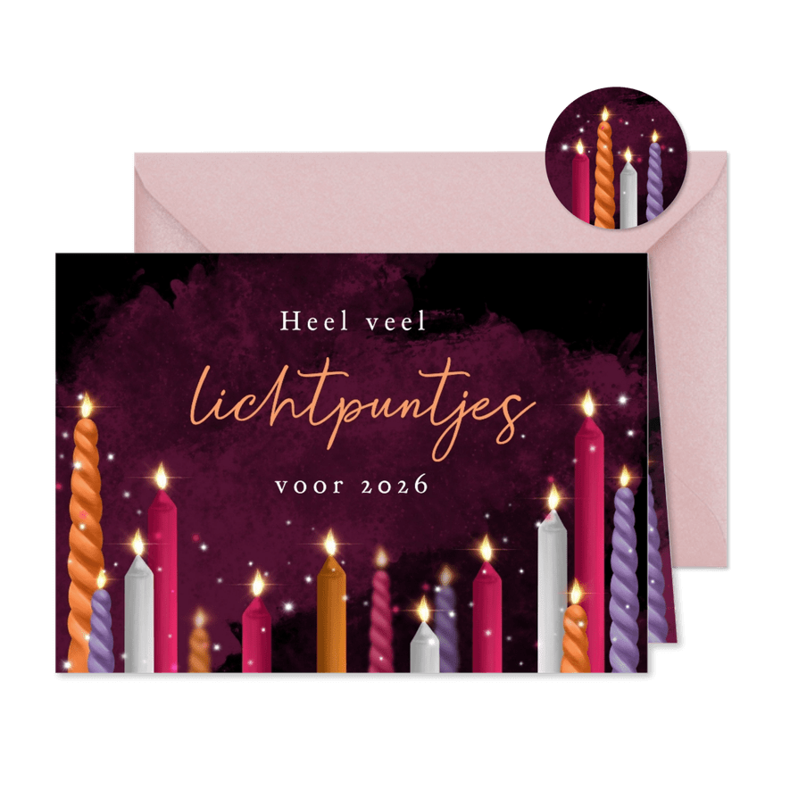 Kerstkaart lichtpuntjes kaarsen sterretjes 2026 - Kaartimpressie