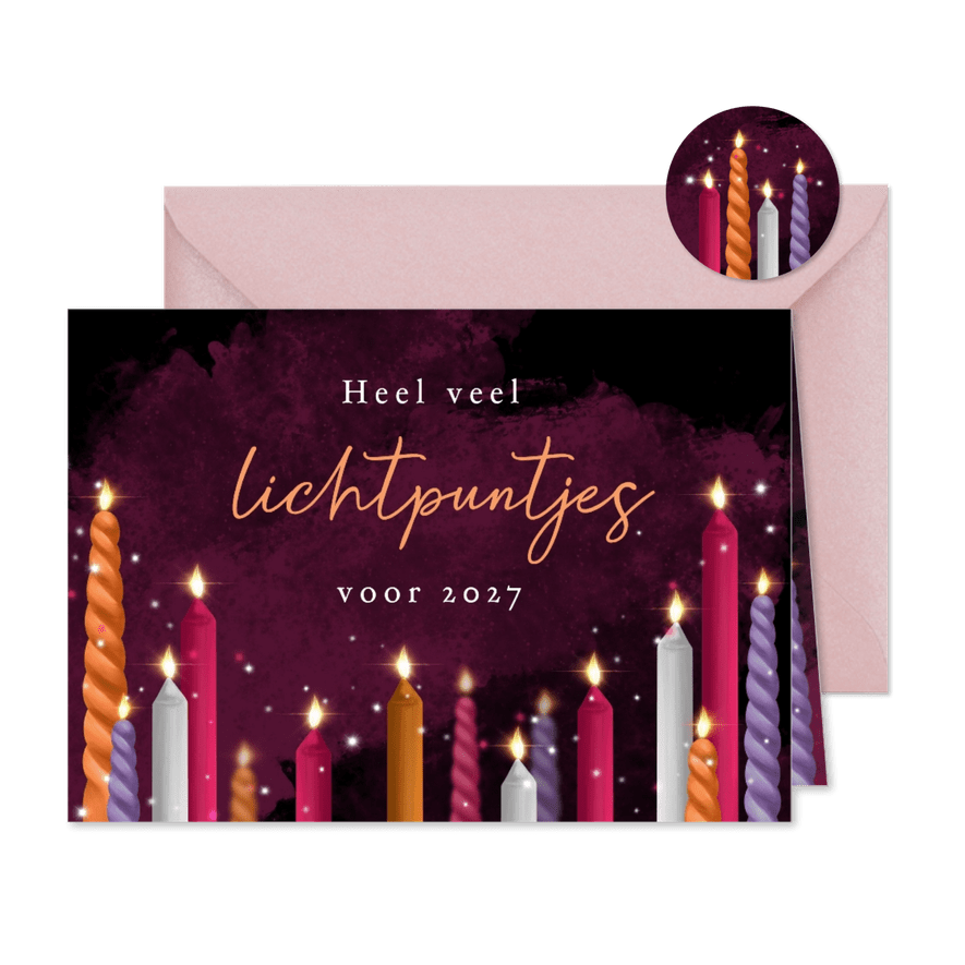 Kerstkaart lichtpuntjes kaarsen sterretjes 2027 - Kaartimpressie