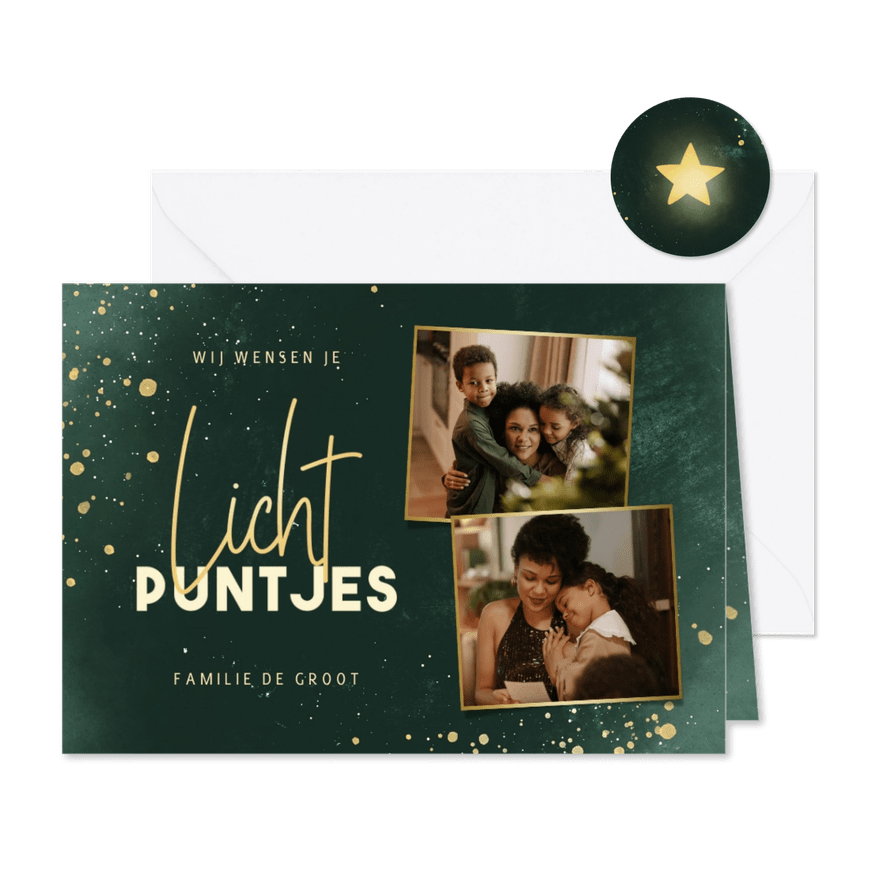 Kerstkaart lichtpuntjes met 2 foto's groen met spetters - Kaartimpressie