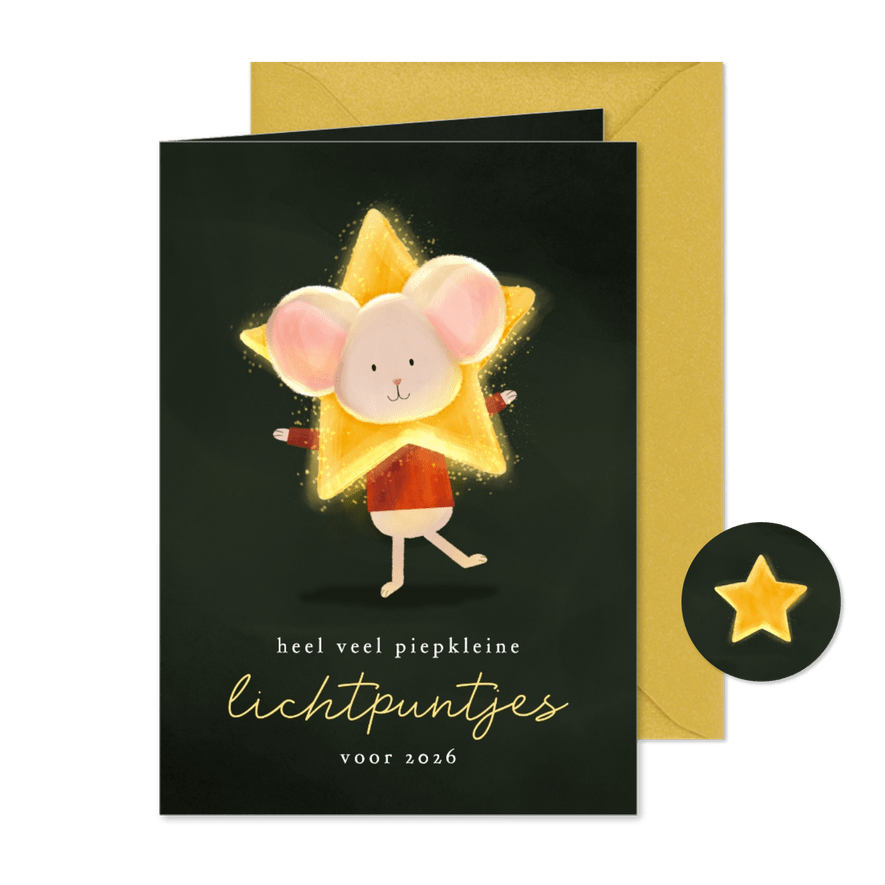 Kerstkaart lichtpuntjes muisje met ster om z'n hoofd  - Kaartimpressie